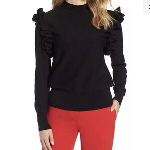 HALOGEN Black Ruffle Shoulder Removable Zip Sleeve Mock Sweater Top Size Small